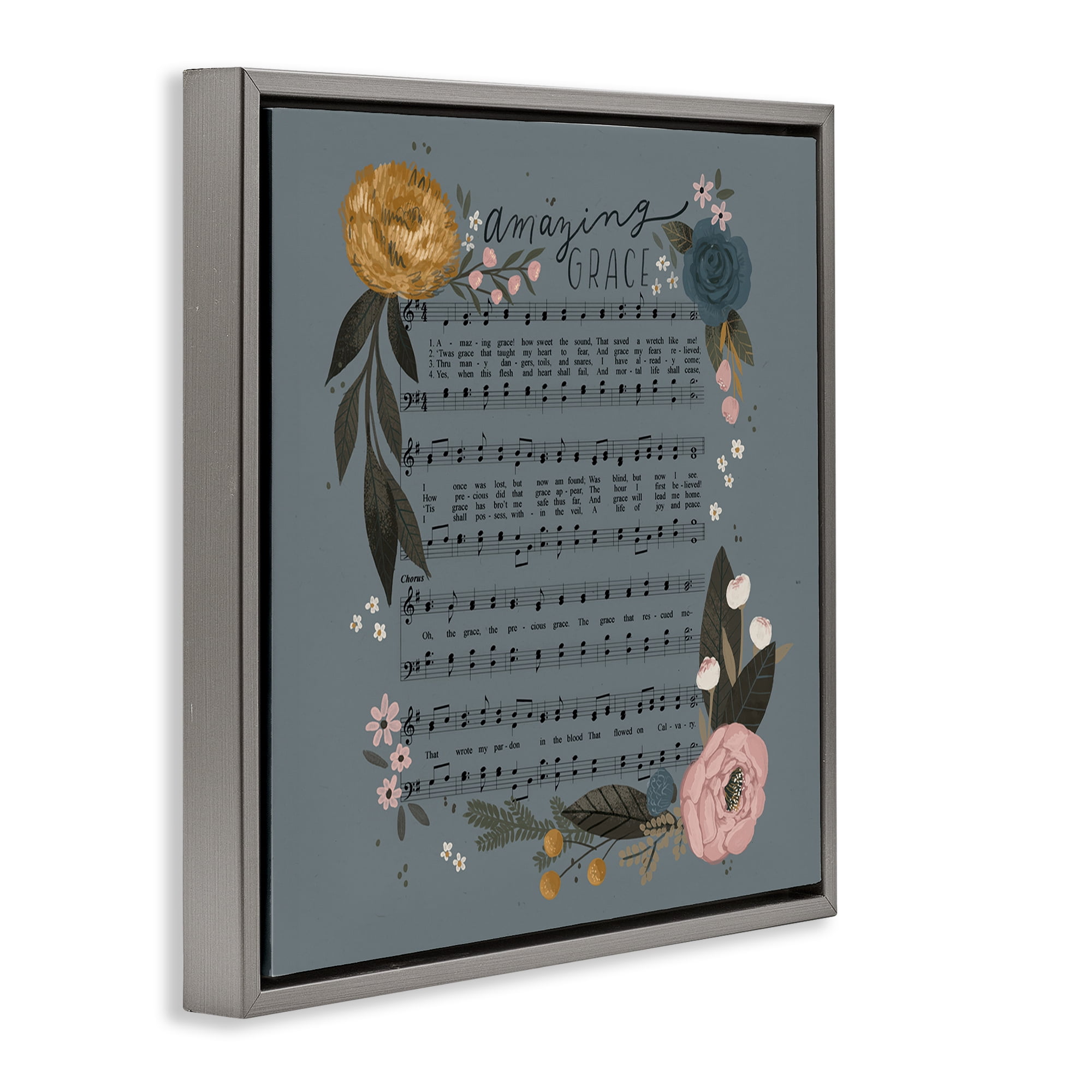 Stupell Industries Amazing Grace Floral Hymn Religious & Spiritual Painting Gray Floater Framed Canvas Art Print Wall Art, 18 x 18