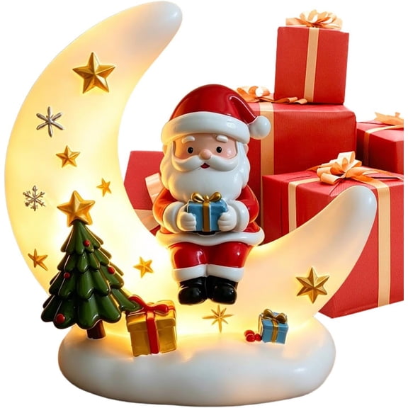 VOUKER Santa Moon Figurine with Light, USB Warm Glow Resin Christmas Ornament, Desktop Decor for Bedroom Shelf and Living Room