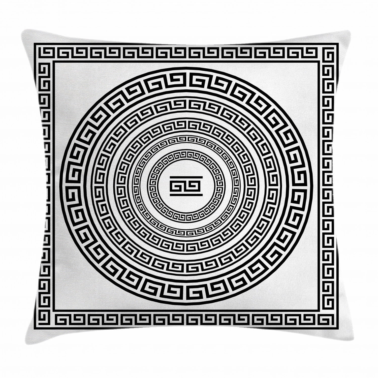 Greek Key Throw Pillow Cushion Cover, Traditional Meander Border Set with Square and Circles Antique Ethnic Frame Pack, Decorative Square Accent Pillow Case, 18 X 18 Inches, Black White, by Ambesonne