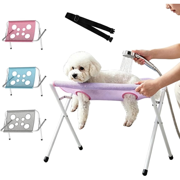 Dog Bath Holder, Foldable Dog Shower Hammock for Daliy Care (Pink) | Dog Holder for Bath, Portable Dog Shower Grooming Rack with 8-Hole Quick-Dry Mesh, 22 Lb Capacity, Trimming & Nail Care