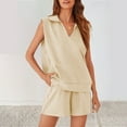 thumbnail image 4 of LADIGASU Women Summer Loose Casual Solid Color Fashionable Sleeveless Turndown Collar Blouse Shorts Set, 4 of 9