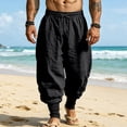 thumbnail image 2 of Men's Linen Pants Contrast Color Cuffed Jogger Drawstring Design Breathable Casual Pants Lightweight Everyday Trousers Black XL, 2 of 9