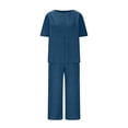 thumbnail image 5 of Linen Capri Set Women 2 Piece Outfits V Notch Short Sleeve Button Down Shirts Summer Flowy Crop Wide Leg Pants Sets, XL, 5 of 7