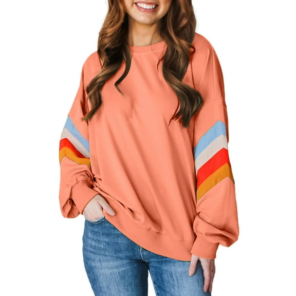 Women's Flamingo Rainbow Striped Sleeve Crew Neck Loose Sweatshirt | [ZhiHiMeRi] | (US 12-14)L