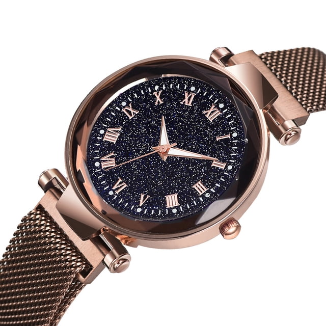 Reloj de pulsera con correa de malla de aleación de cuarzo y números romanos con esfera redonda a la moda para mujer (café)