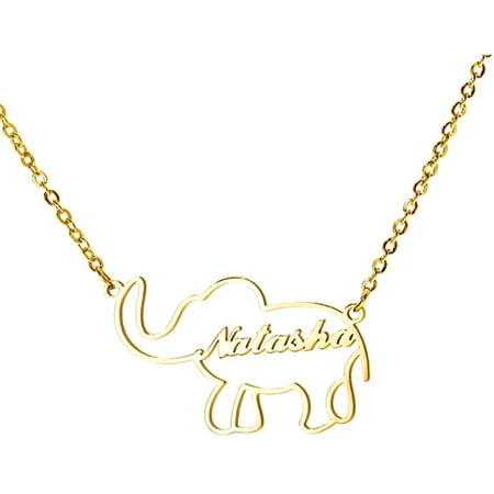 Elephant Custom Name Necklace, Gold Plated Stainless Steel Personalized Nameplate Pendant Necklaces, Cross Chain, 6 Chain Length Options