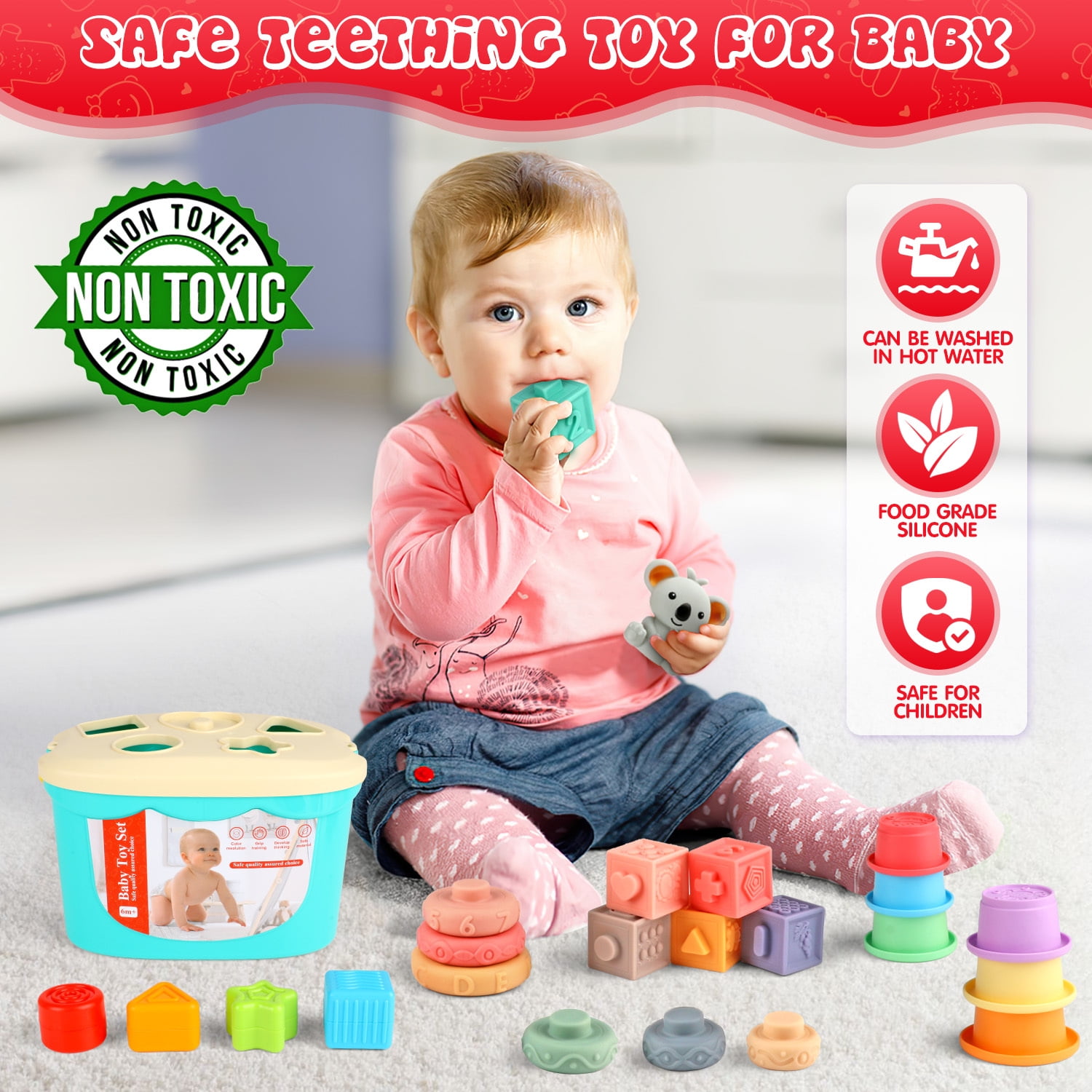 UQN Montessori Toys for 1 Year Old, 4 In 1 Baby Blocks Toys 6-12 Months, Soft Baby Teething Toys, Learning Gifts for Baby Girls Boys, Birthday Chrismas Gift