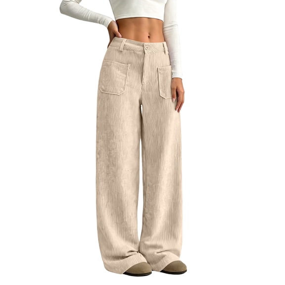 DORKASM Corduroy Pants for Women High Waist Elastic Waist Baggy Trousers Wide Leg 2026 Loose Fit Solid Color Basic Fall Winter Palazzo Pants with Pockets Beige S