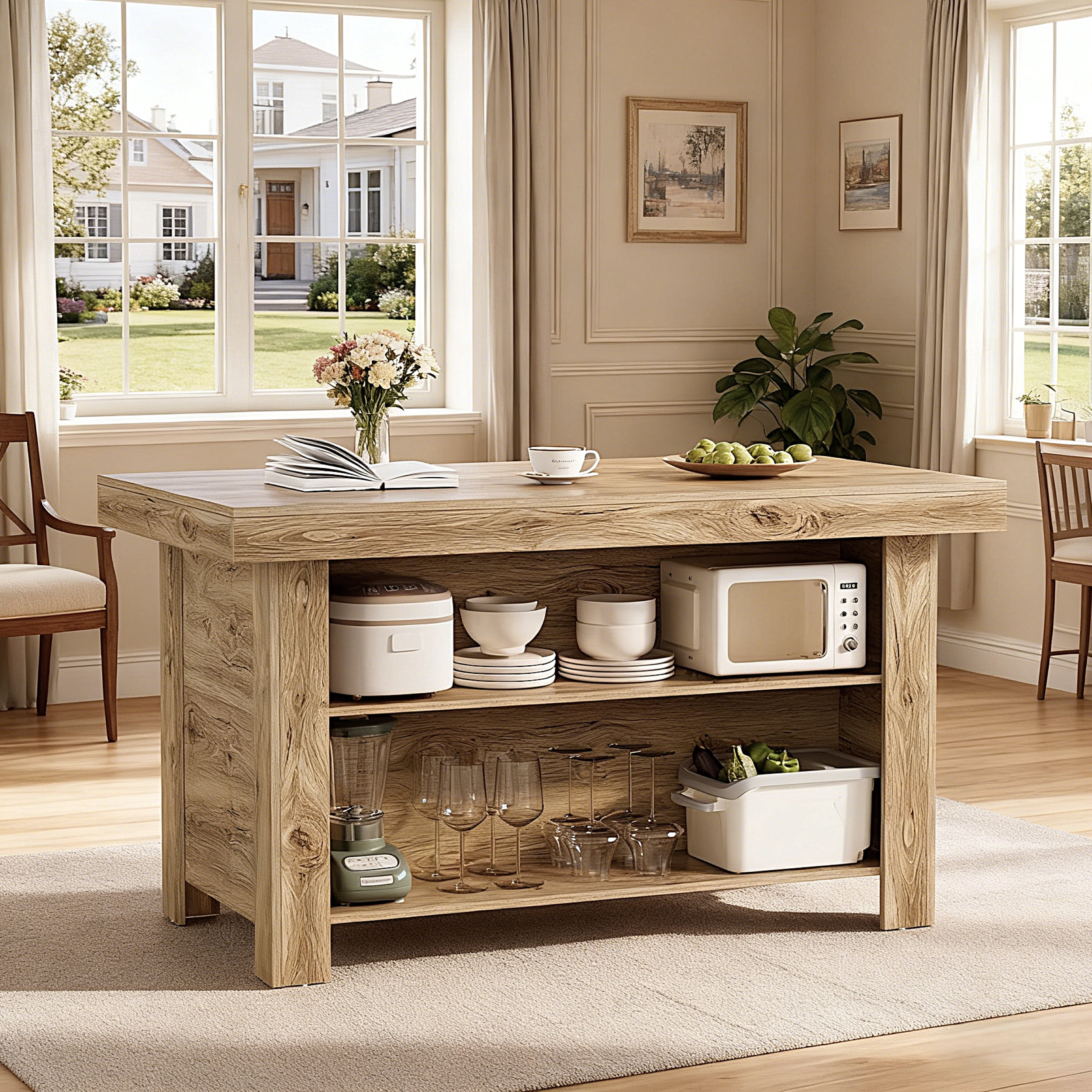 Fnova 55" Farmhouse Kitchen Island with Storage, Wooden Kitchen Table with 2-Tier Storage Shelves & Large Worktop, Modern Large Counter Height Table for Kitchen Prep & Dining