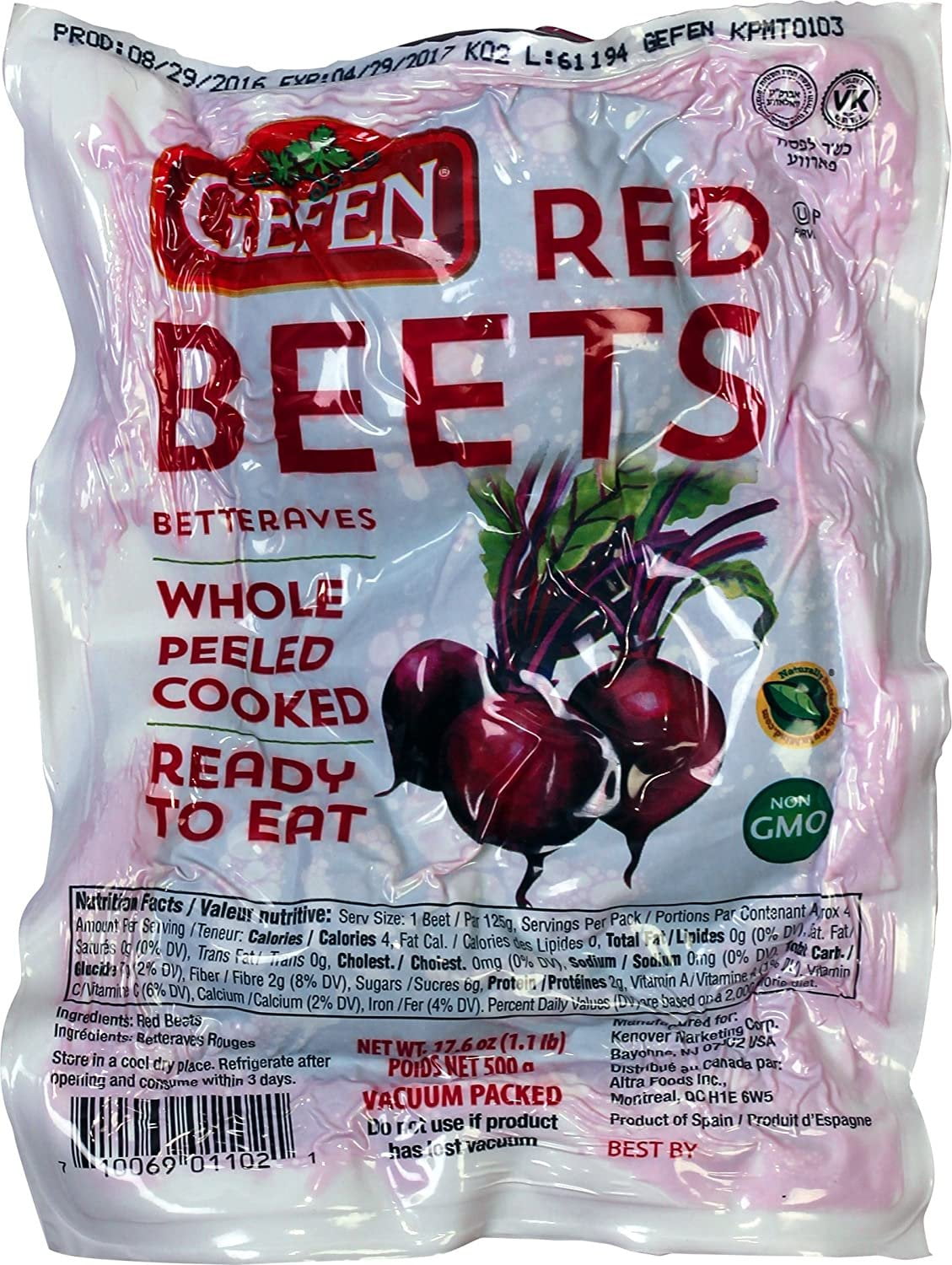 VACUUM PACK BEETS, <ul><li>Whole, Peeled , Cooked, Ready to Eat</li><li>Field Fresh, Salad Ready, No Refrigeration Necessary</li><li>Vacuum Packed, Perfect for Travel</li><li>Non GMO, Certified Kosher</li><li>4 Calories per serving, No Sodium</li></ul>