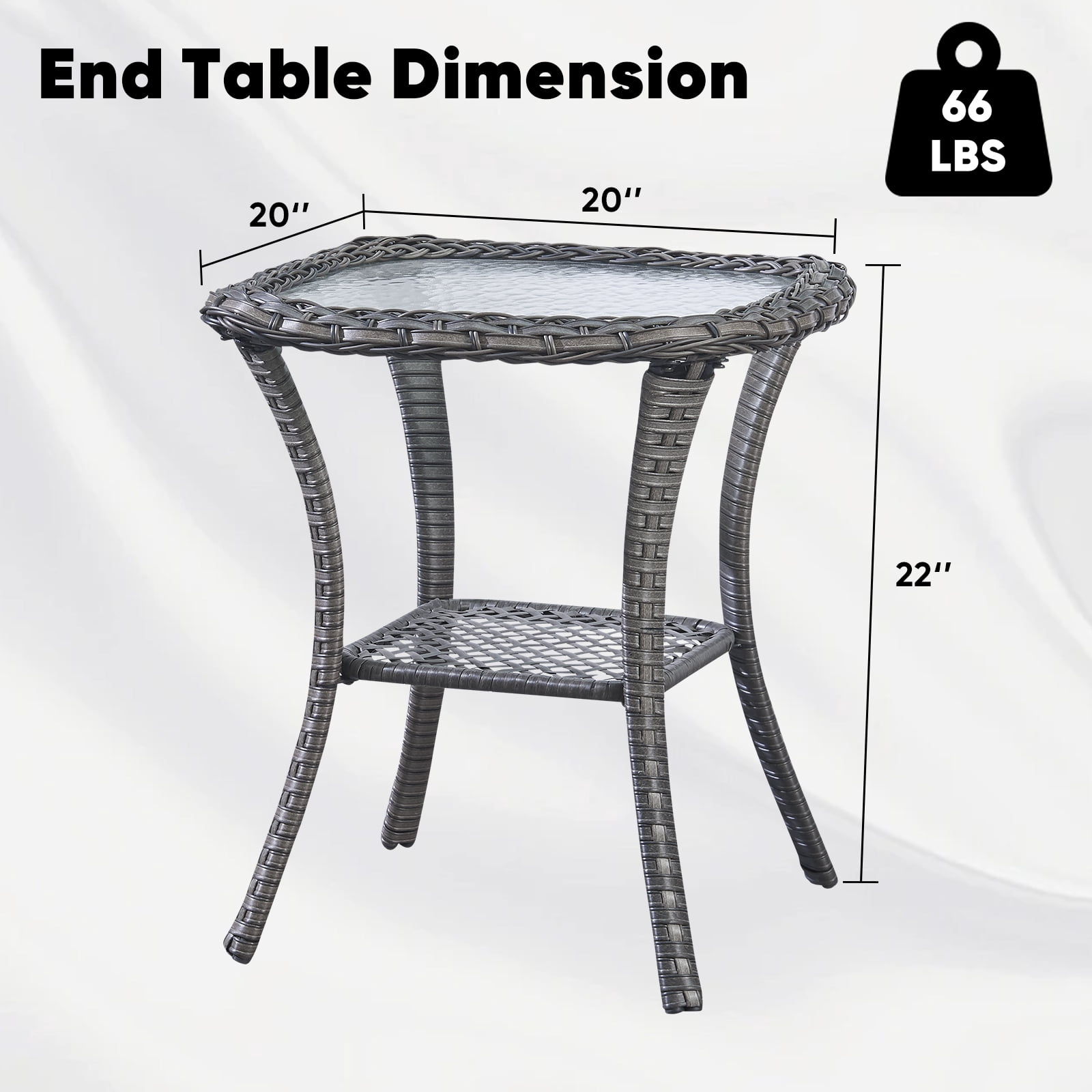 PARKWELL Outdoor Patio Side Table Square Wicker End Table with Glass Top, Gray