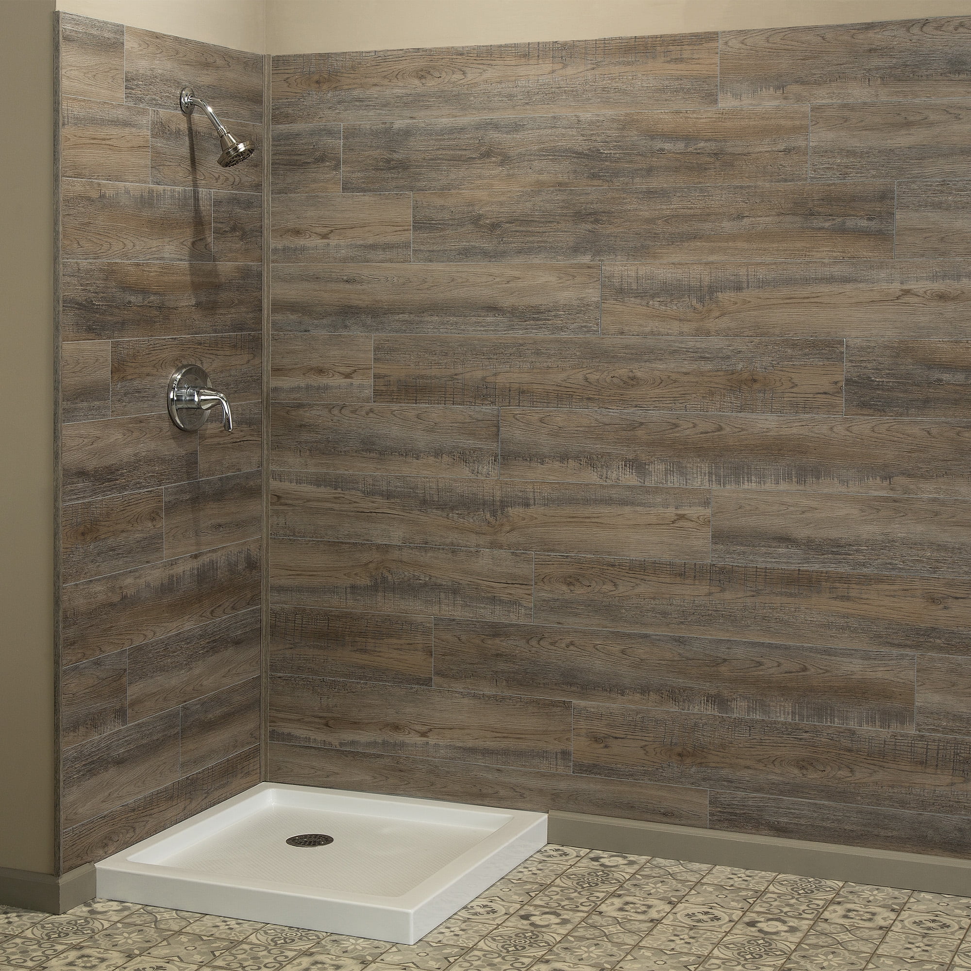 Palisade 46.7 in. x 7.2 in. Interlocking Vinyl Plank Shower and Tub Surround Kit in Natural Oak