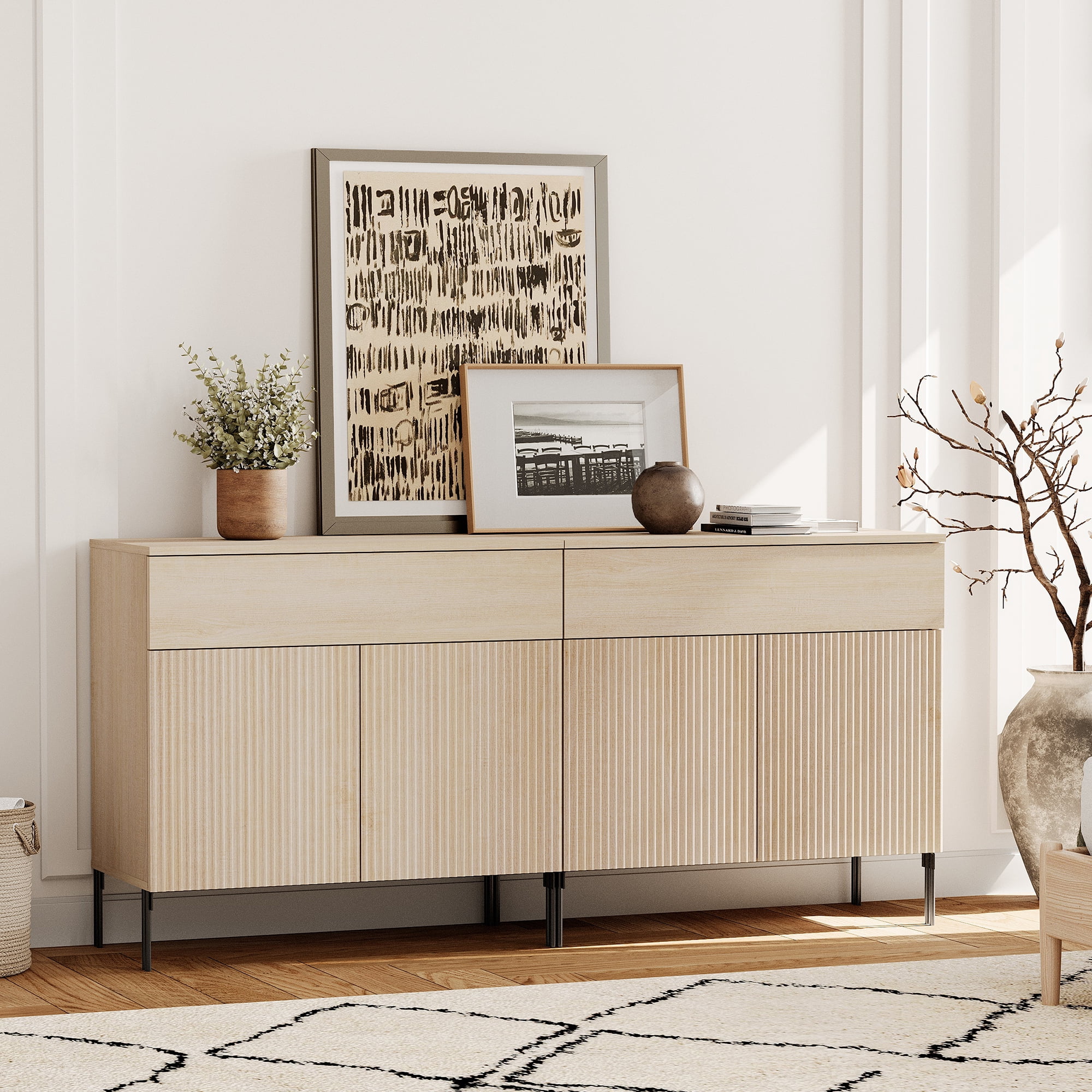 4 Pcs Bedroom Set，Reeded Dresser and Nightstand Sets for Bedroom, Wooden Dresser Set with Doors, Night Stand of 2 with Charging Station