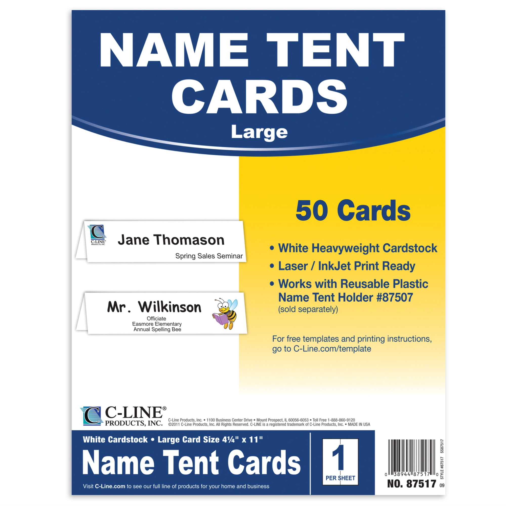 C-Line Printer-Ready Name Tent Cards, 4-1/4" x 11", White Cardstock, 50 Letter Sheets/Box