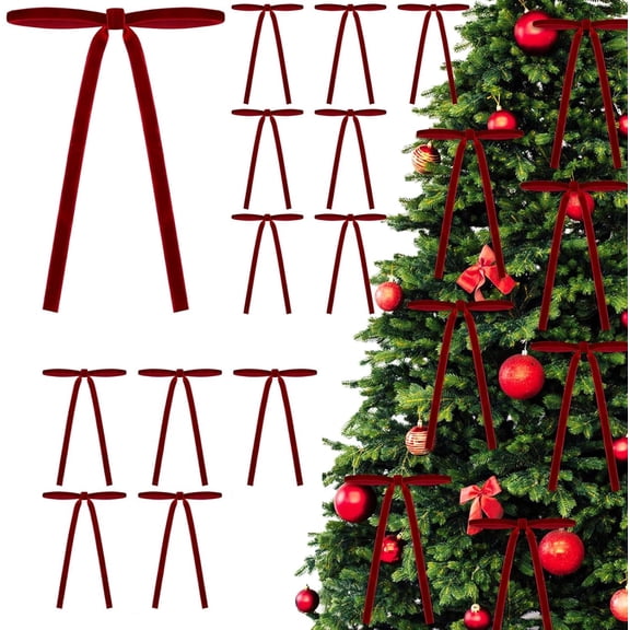 TETOU 12Pcs Christmas Tree Bows, Mini Christmas Bow Ornaments, Red Velvet Bows for Christmas Tree Decorations, Ribbon Hanging Bows for Home Holiday Xmas Tree Party Garland Decoration