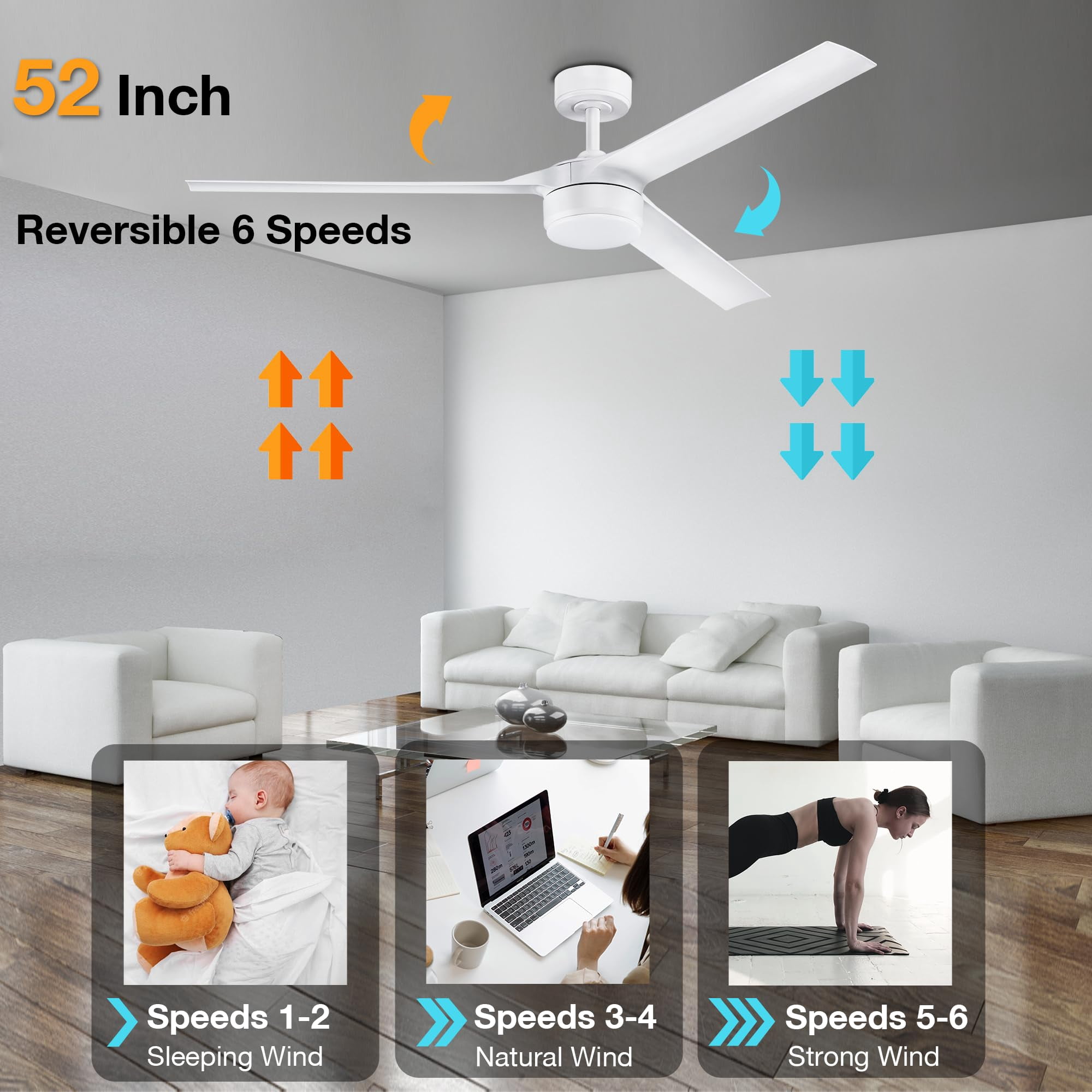 52 Inch Smart Outdoor Ceiling Fans with LED Lights and Remote,Quiet DC Motor, Matte White 3 Blade for Bedroom Living Room Patio Porch, Dimmable, Indoor Modern Ceiling Fan Controlled by WIFI Alexa App
