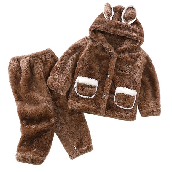 3-11Y Toddler Girls Boys Winter Warm Flannel Pajamas Set Fleece Cute Hooded Sleepwear Nightwear Long Sleeve Button Down Top with Pants Coffee