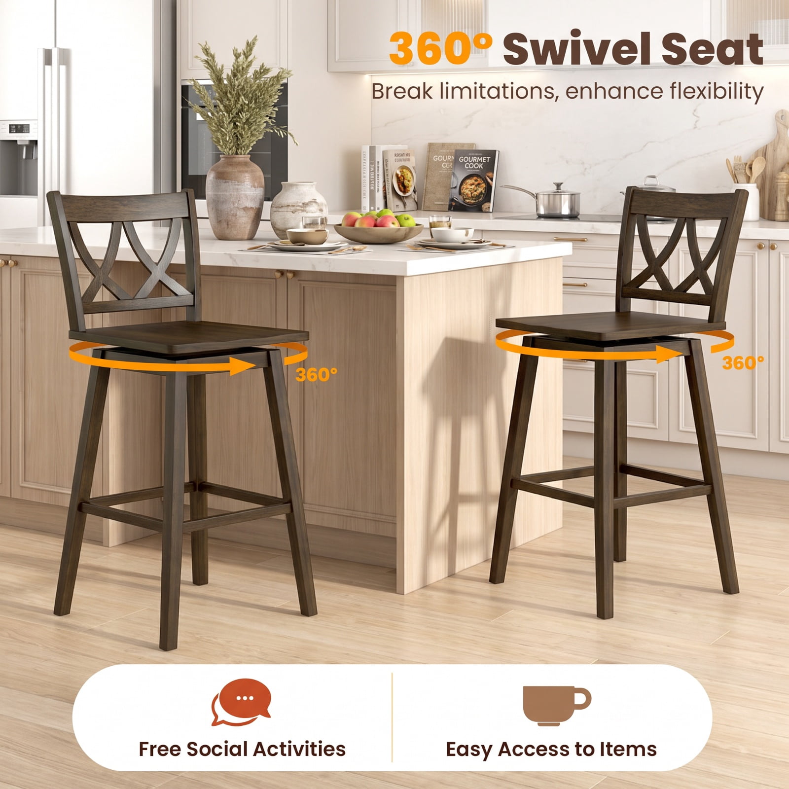Furnibear 24/29 Inch Bar Stool Set of 2 Wooden Bar Chairs with Rubber Wood Frame-29 inches for Kitchen Island Counter Bar Pub Dining Home, Gray