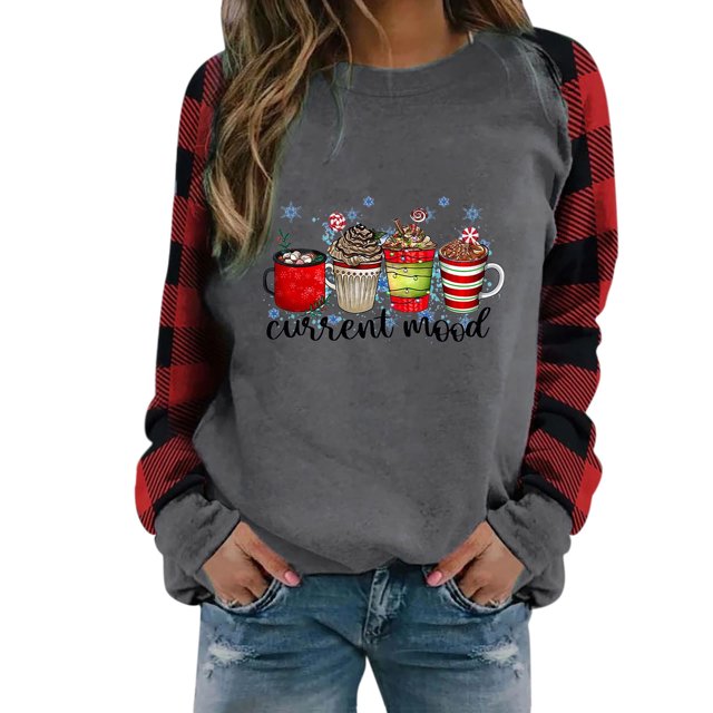 Sudadera de moda Gibobby con estampado navideño para mujer gris L