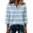 thumbnail image 2 of Satingcolo Women's Striped Polo t-Shirt Summer Oversized Contrast 3/4 Sleeve Half Button-up Pullover Tops Loose Basic Tees,Sky Blue L, 2 of 6