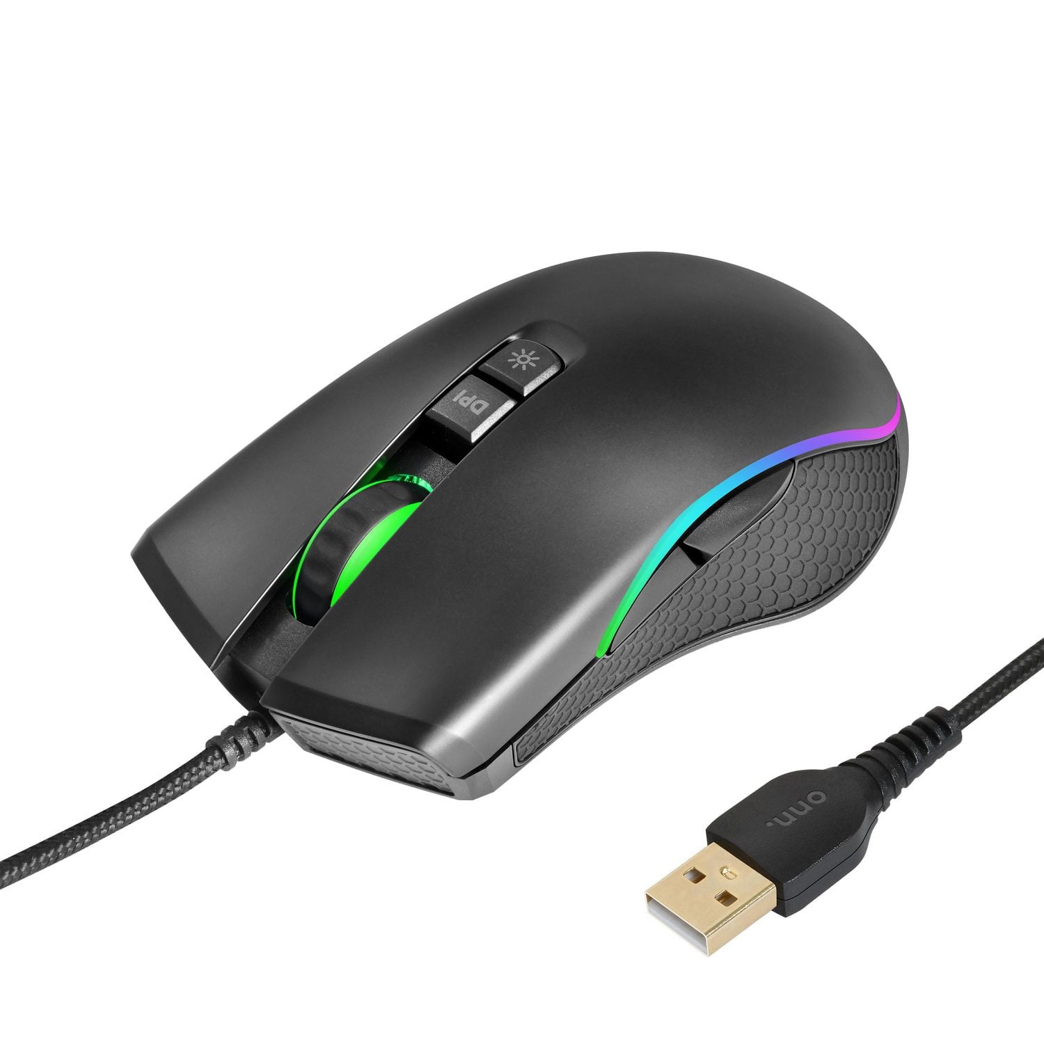 onn. 100027827 RGB Wired Adjustable DPI Gaming Mouse with LED Lighting Effects, 7 Programmable buttons