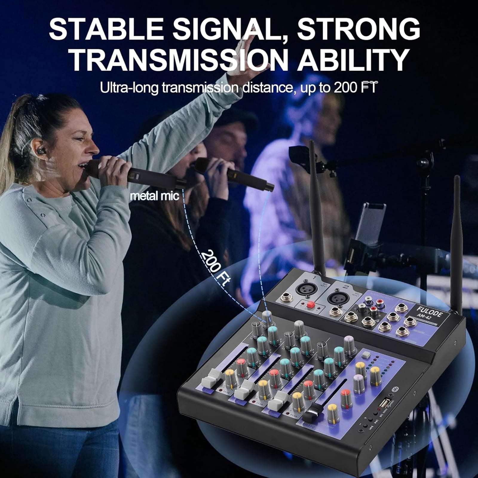 FULODE  Audio Mixer with Dual Wireless Mic, 4 Channel Mixer Board Sound Board DJ Mixer Console System MP3 Bluetooth 48V Phantom Power USB Interface for Home Karaoke Party
