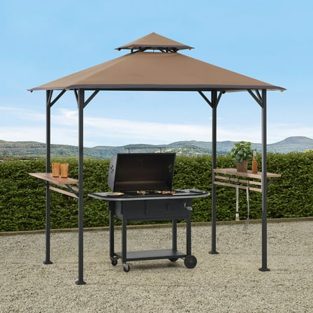 Sunjoy 5 x 8 ft Grill Gazebo with Double Tiered Canopy Roof, Black Steel Frame Grill Gazebo for Outdoor, Patio, Garden, and Backyard Activities, Khaki