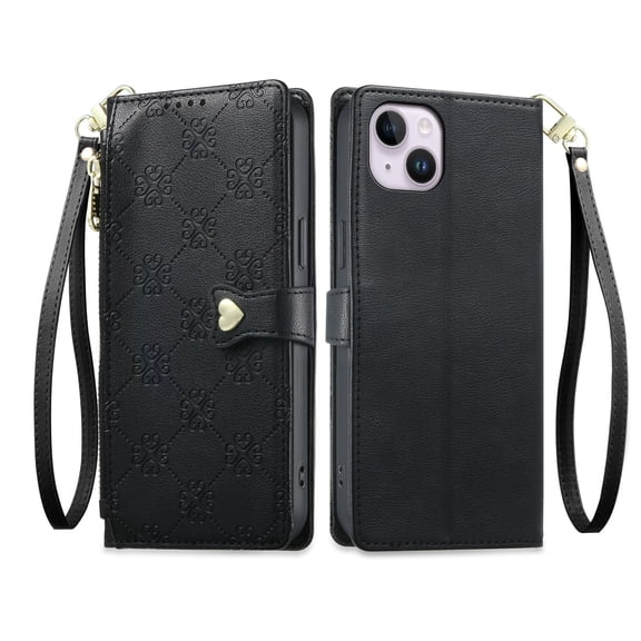 Zipper Folio Wallet Case for [iphone 14 Plus] with Card Slots, Kickstand & Wrist StrapBlack