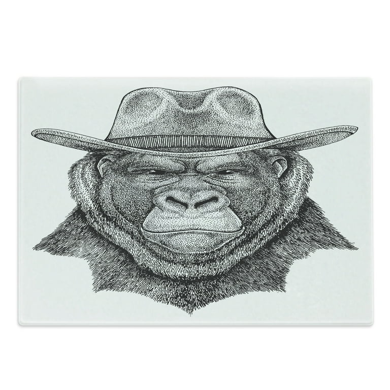 Gorilla Cutting Board, Engraved Style Drawing of Old Monkey