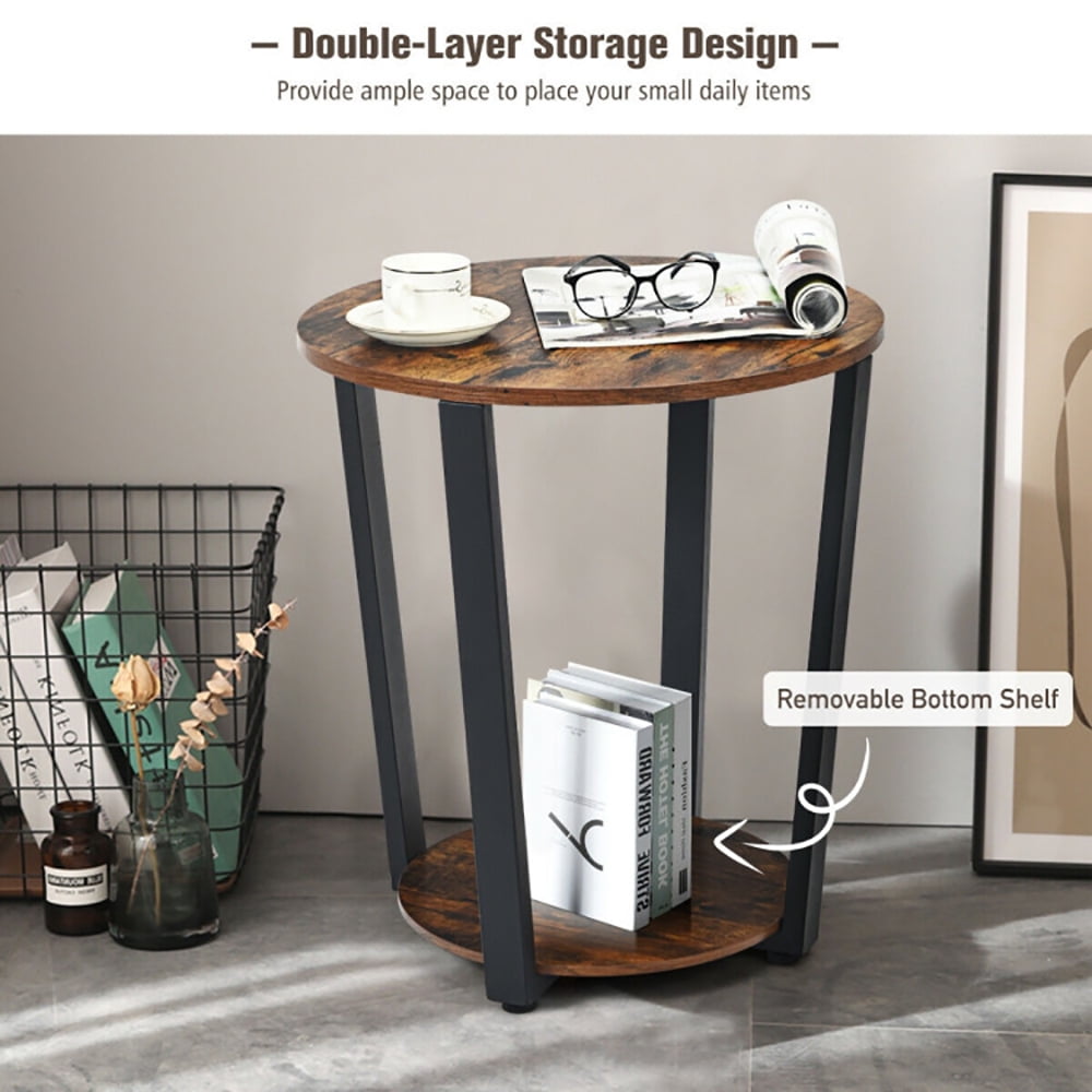 Finihen Round End Table, 2-tier Round End Table with Storage Shelf and Metal Frame for Living Room, Bedroom, Brown Finihen Round End Table, 2-tier Round End Table with Storage Shelf and Metal Frame for Living Room, Bedroom, Brown