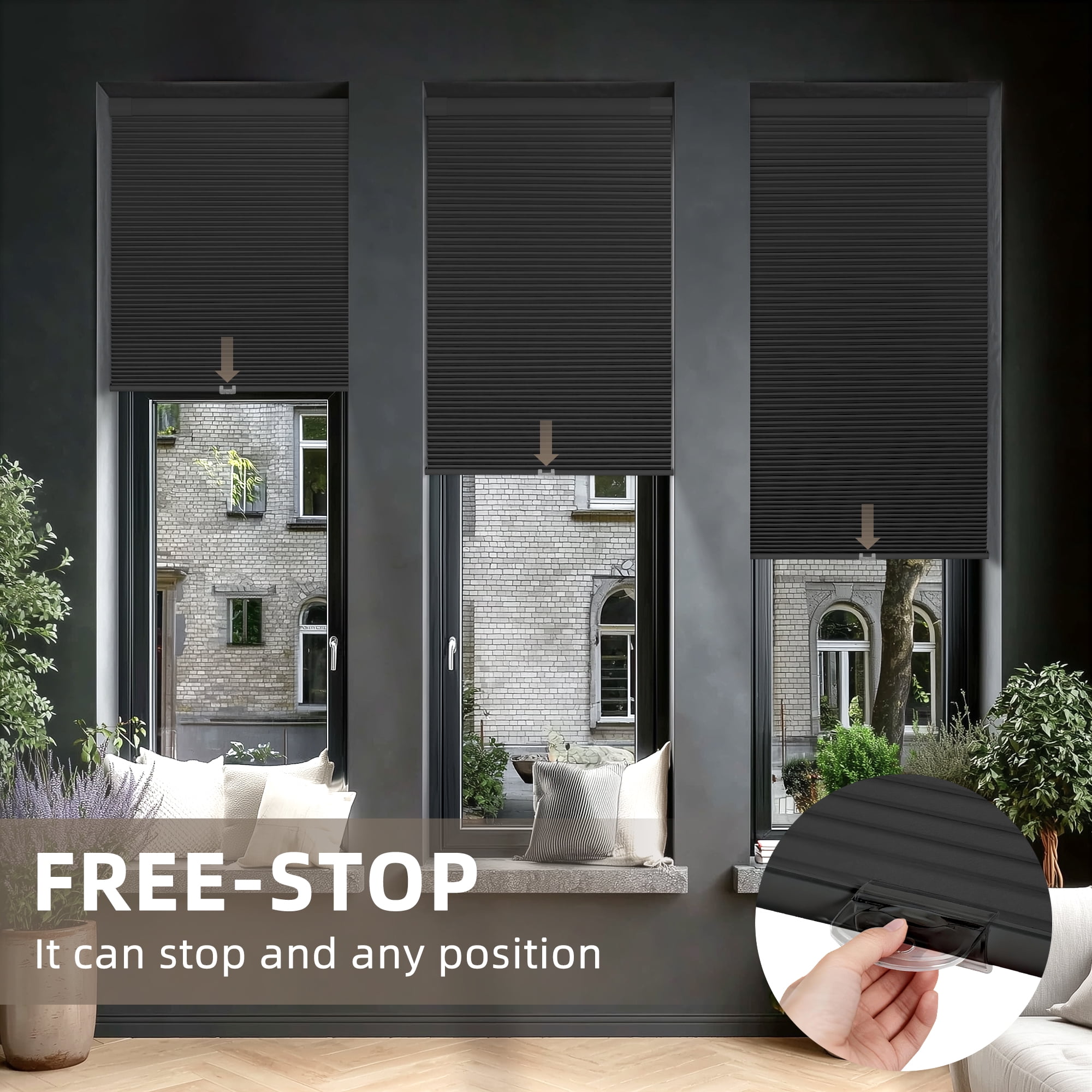 BERISSA Cordless Blackout No Drill No Tools Cellular Shades, Pull Down Window Blinds,Black,34" W x 48" H