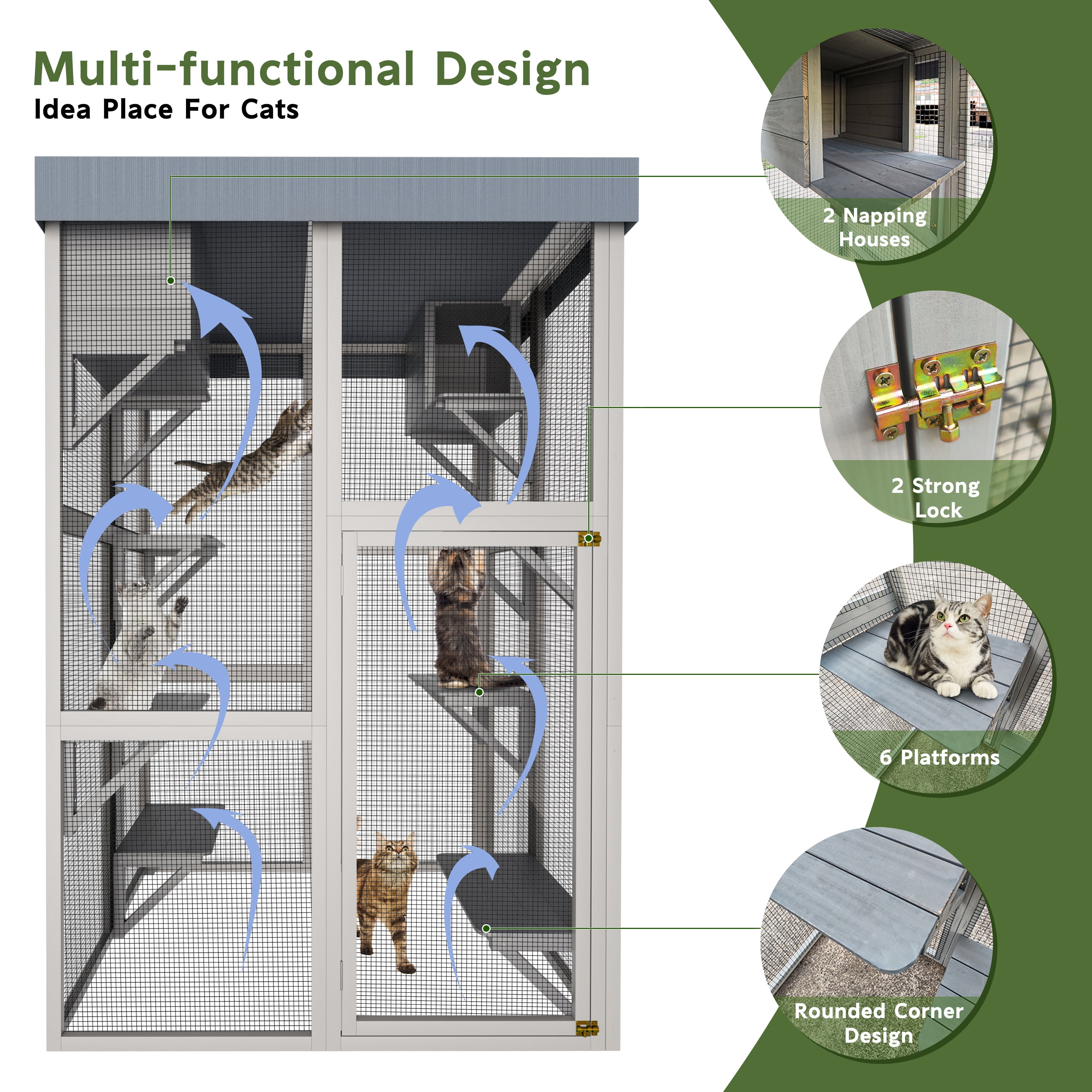Huacanora 70" Catio Outdoor Cat Enclosure Indoor cage, large Wooden Cat House with Waterproof Roof, 6-Tier Playing Platforms & 2 Napping Houses with Connectable Window Door for Multiple Cats (Grey)
