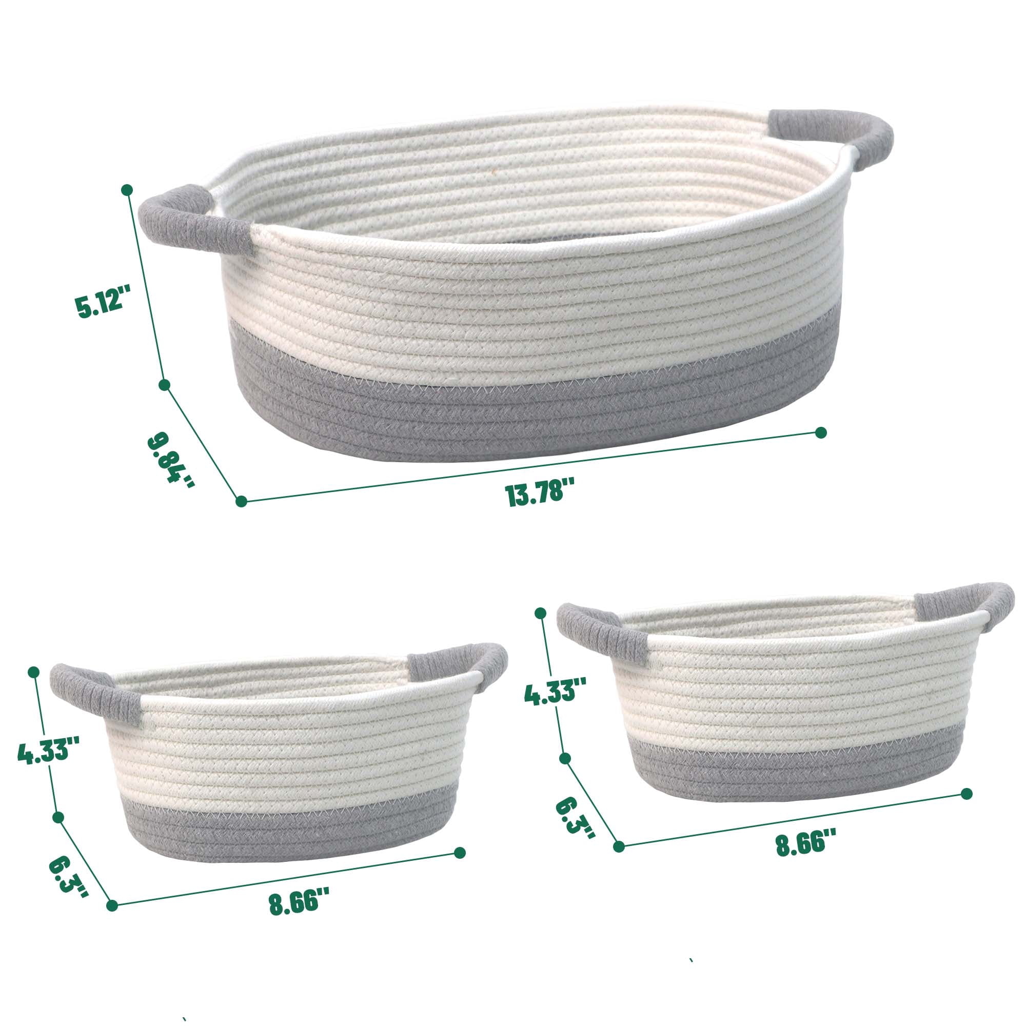 Caroeas 3-Piece Small Cotton Rope Basket, Woven Storage Basket Set, Nesting Bins for Organizing Shelves, Baby, Nursery, Toy Storage, Montessori, White and Gray