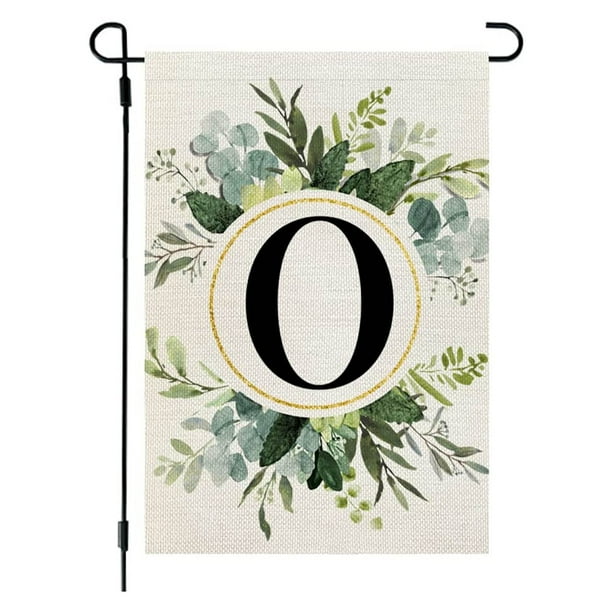 Bandera de lino para jardín, estilo Ins, con estampado de 26 letras y plantas verdes, con la primera letra del apellido, ideal para colgar en la puerta del patio.