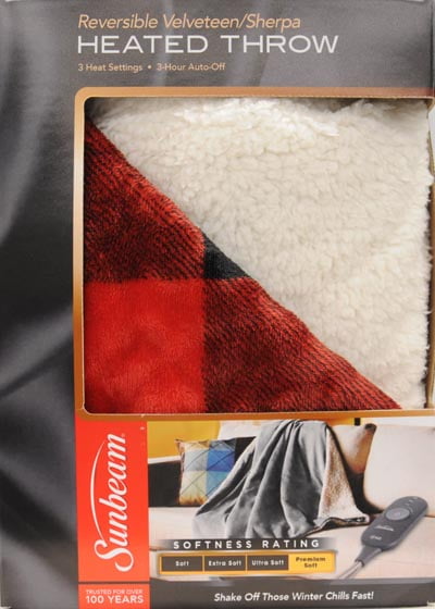 Sunbeam Electric Throw Reversible Imperial Plush with Sherpa Plaid Red and Black on White Sherpa Premium Sherpa and Ultra Soft with 3 Heat Settings and 3 Hour Auto-off 50 x 60