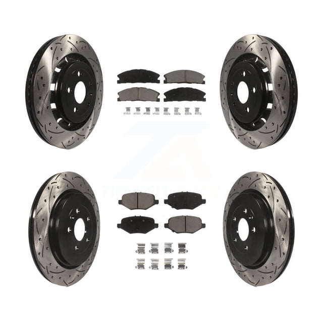 Transit Auto Front Rear Coated Drilled Slotted Disc Brake Rotors and Ceramic Pads Kit for Car Ford Explorer Flex Taurus Police Interceptor Sedan Lincoln MKS Special Service KDC-100329