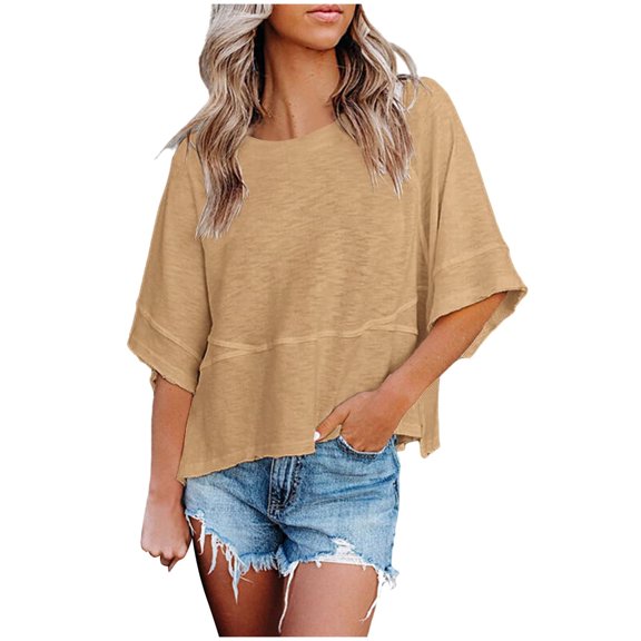 Vedolay Women Shirts Casual Women's Short Sleeve V Neck Pleated T Shirts Summer Loose Fit Basic Tunic,Khaki XXL