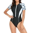 thumbnail image 3 of Gibobby Trajes de Baño Mujer Traje de baño de una pieza con cremallera y manga corta con estampado de hojas 2022(Negro,CH), 3 of 4