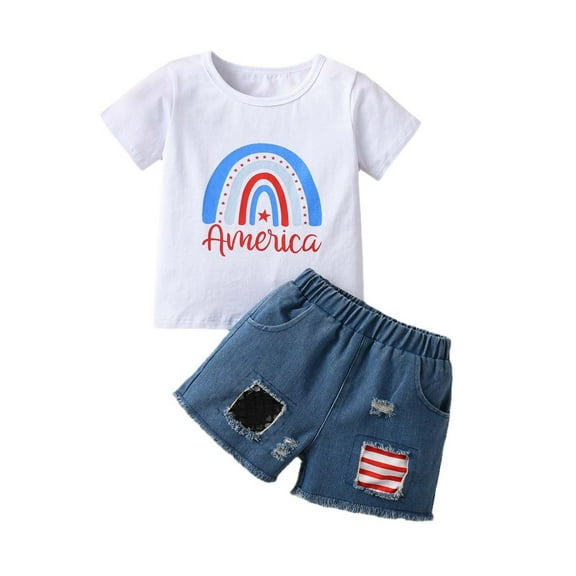 Trolimons Girls Outfit Short Sleeve Printed Top and Ripped Denim Shorts Set , 2-Piece Set