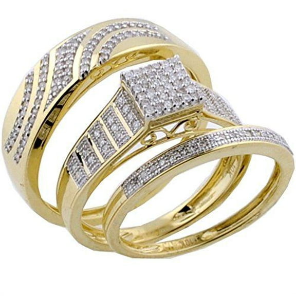 Bluebell Jewels 14K Gold Finish His & Hers Trio Wedding Ring Set Round CZ Engagement Bands for Couples