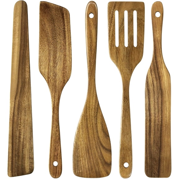 5 Pcs Wooden Spatula Set for Cooking, Excellent Kitchen Utensil Set, Natural & Odorless, Heat Resistant Wooden Cooking Utensils Set for Nonstick Cookware, Sturdy One-Piece Design