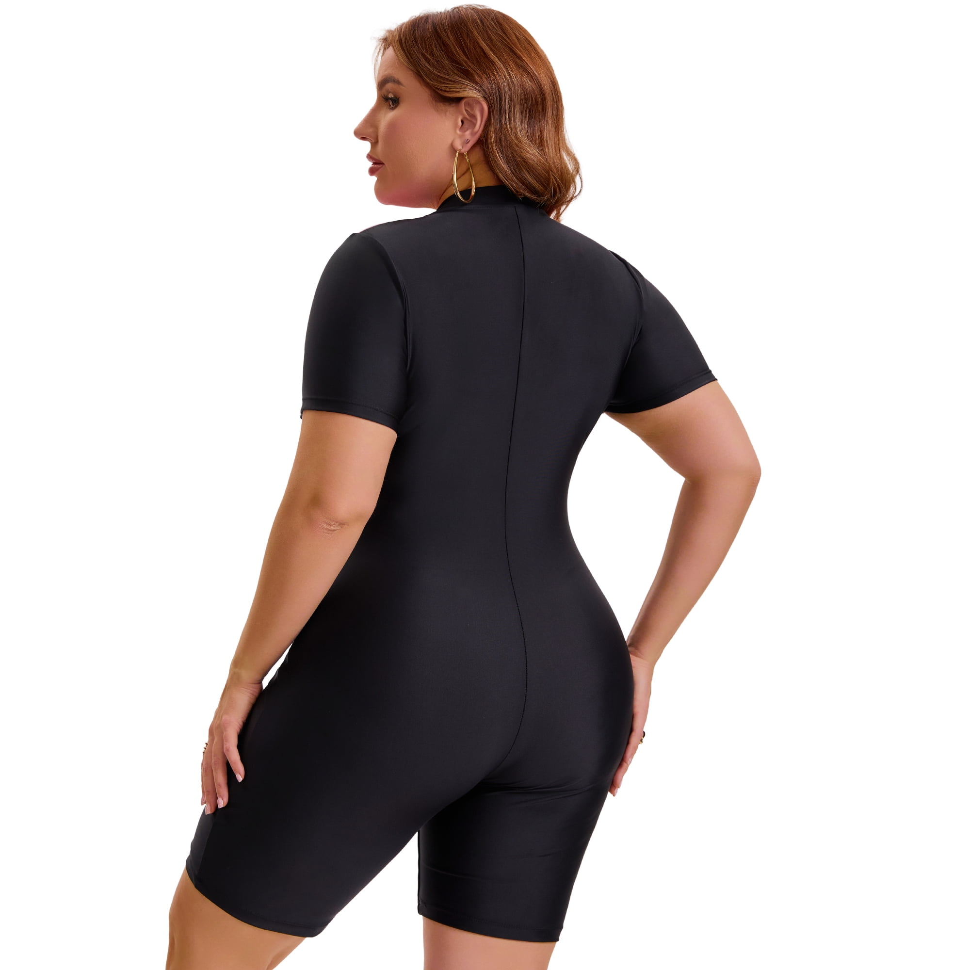 DARING DIVA Women's Plus 1pc Bathing Suit with Short Sleeves and Zipper 3X Black