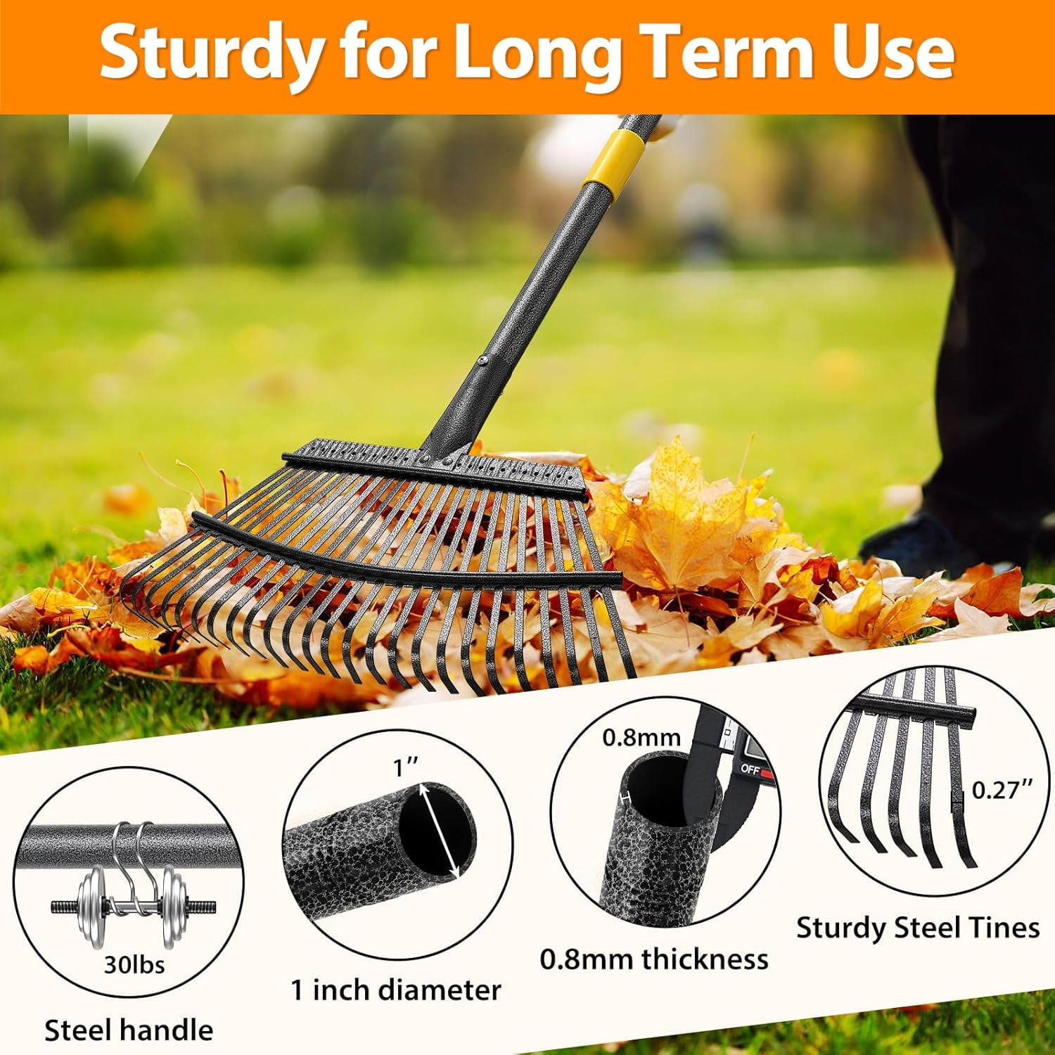25-Tine Leaf Rake, 60-inch Heavy Duty Metal Garden Rake for Lawns & Yards – Small Rake Head