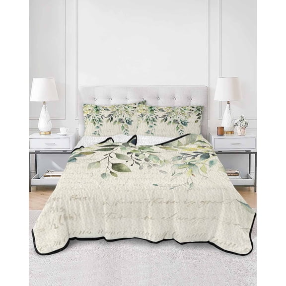 Quilts King Size, Eucalyptus Leaves Soft Comforter Bedding Set for Bed, Watercolor Weeping Teal Botanical Vintage Lightweight Quilted Bedspread with Pillow Cover(2 Pieces) for All Season, 96x106 Inch