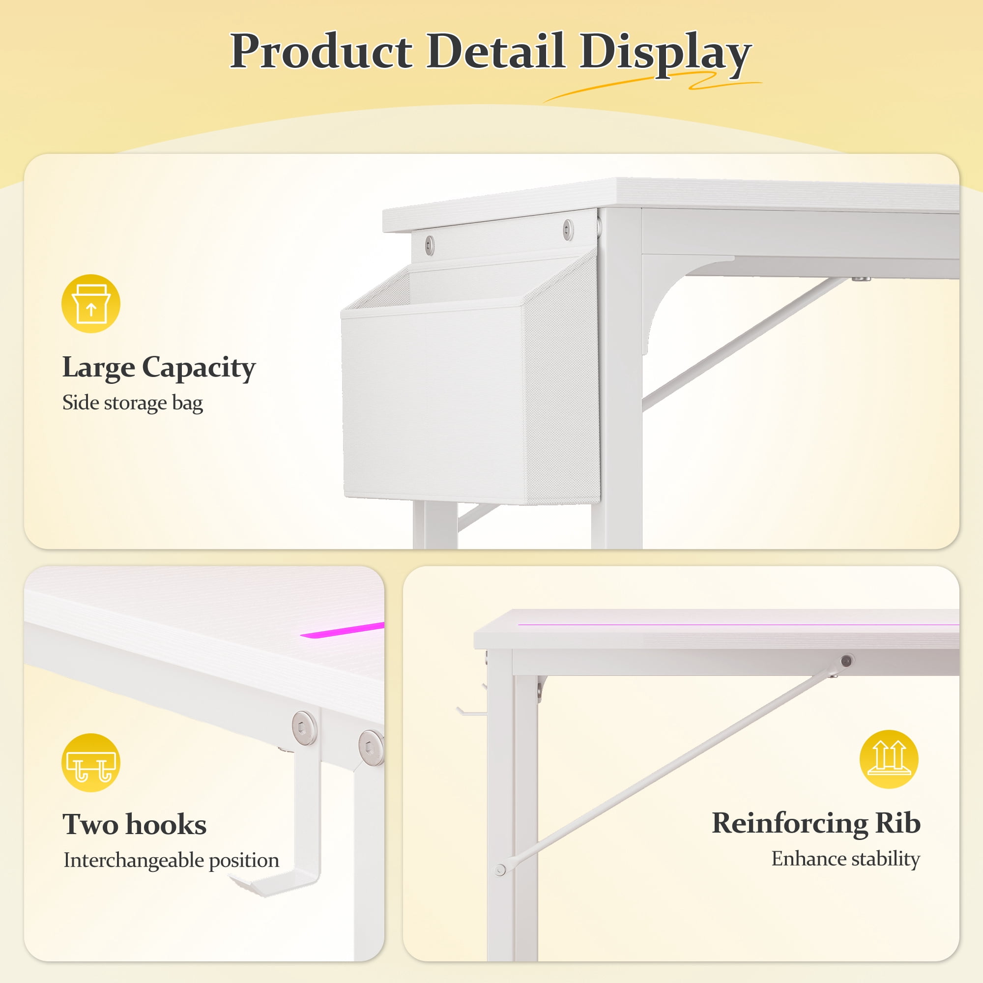 Romorgniz 40 Inch Computer Desk with LED Lights for Small Spaces, Home Office Desk with Storage Bag, Headphone Hook, White