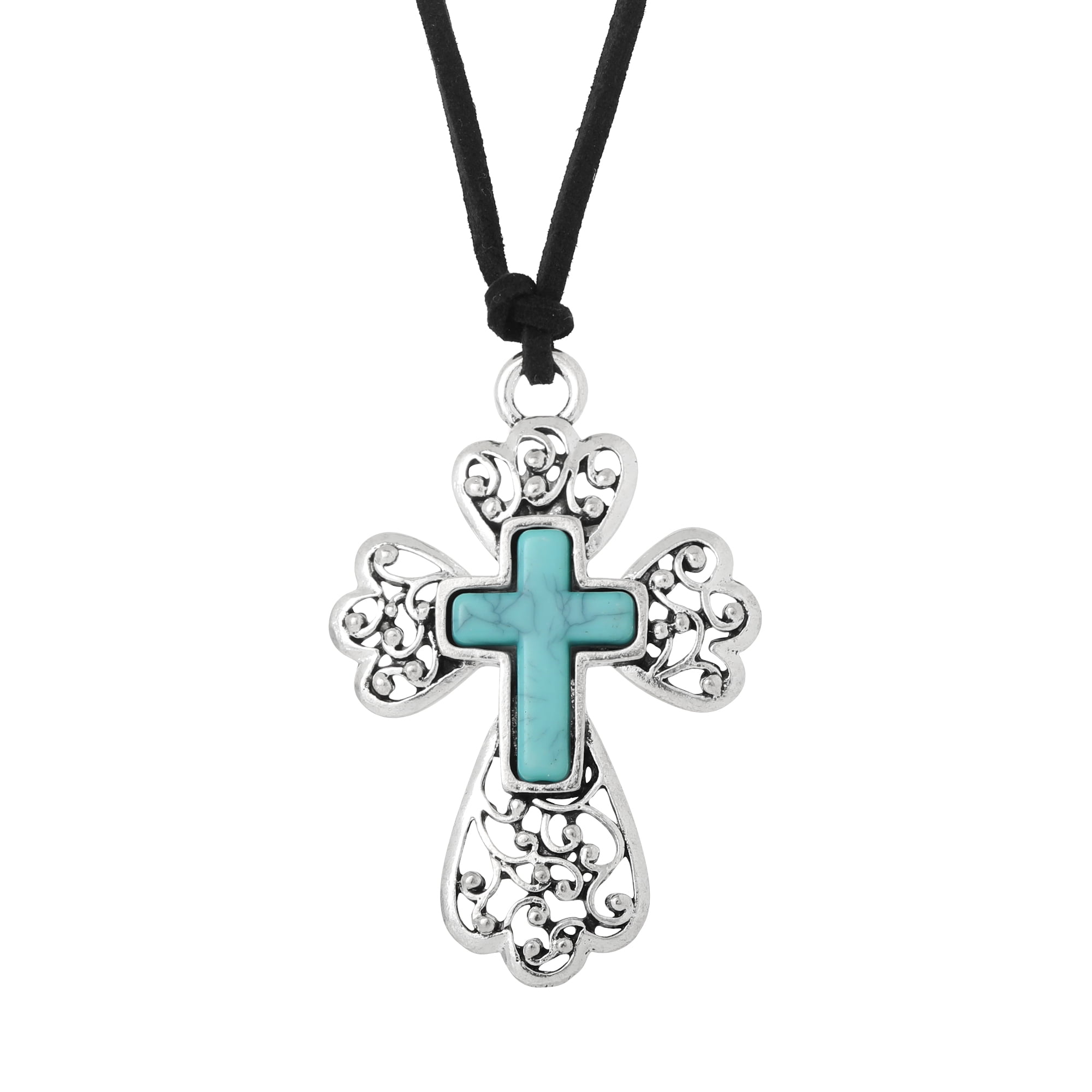 Jessica Simpson Women's Silver-Tone Cross Pendant Necklace with Turquoise Accent