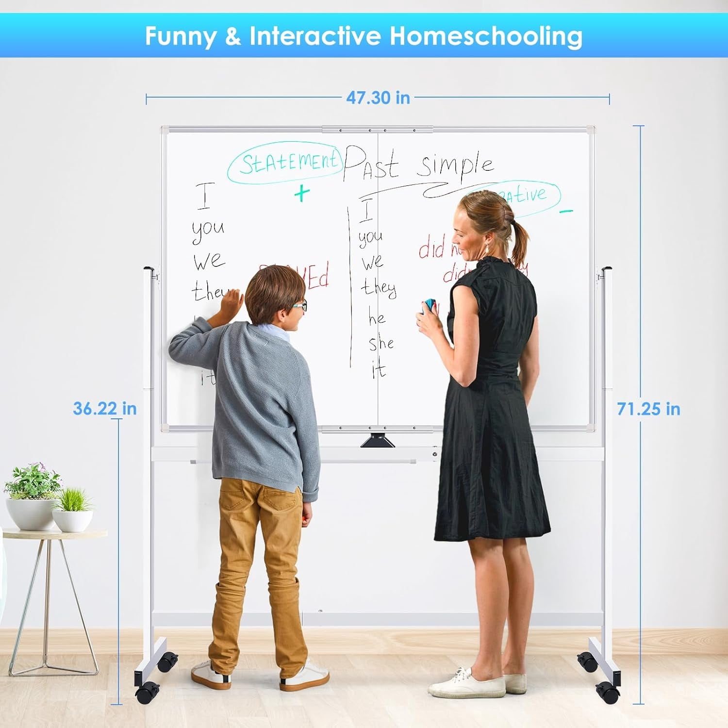 Maxtek Rolling Whiteboard, 48x36 Large Magnetic White Board with Stands, Double-Sided Dry Erase Board on Wheels for Homeschool, Office, School