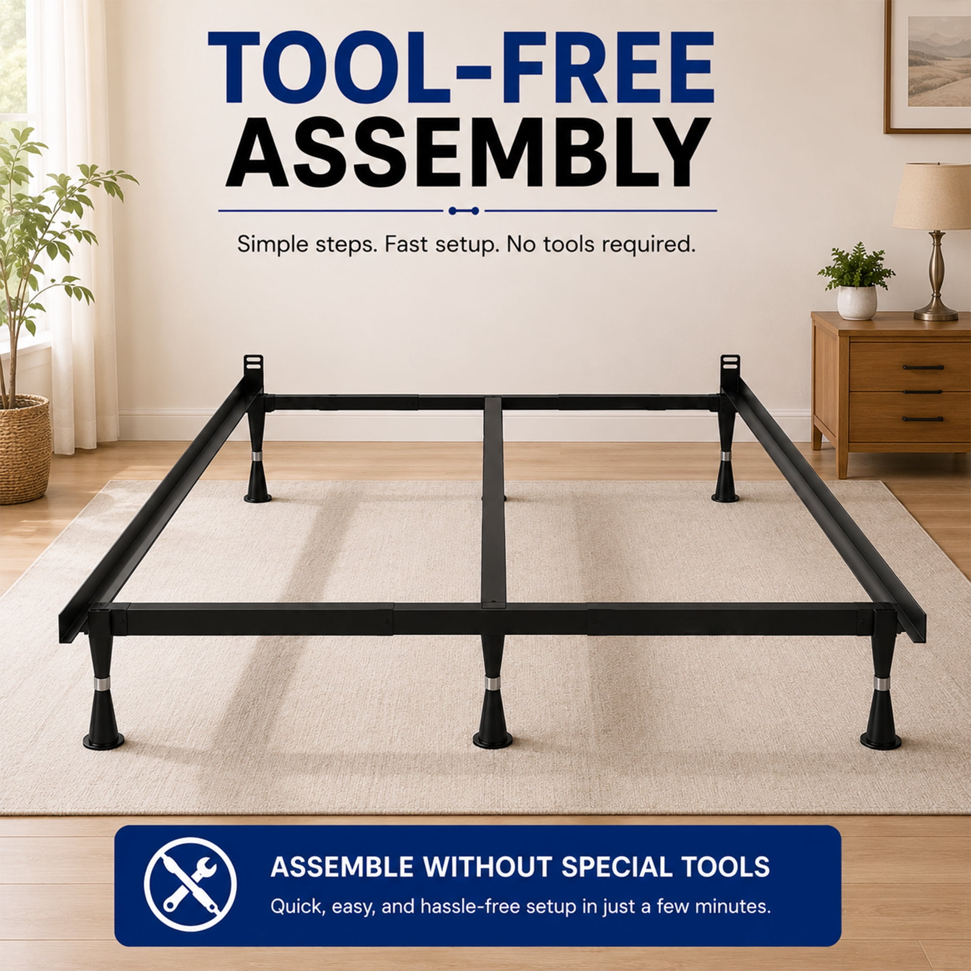 Continental Sleep, Advanced Metal Bed Frame for Box Spring and Mattress, Iron Center Support, Headboard Attachable, Noise-Free, Tool-Free Easy Assembly, 6-Legs Support, King, Black