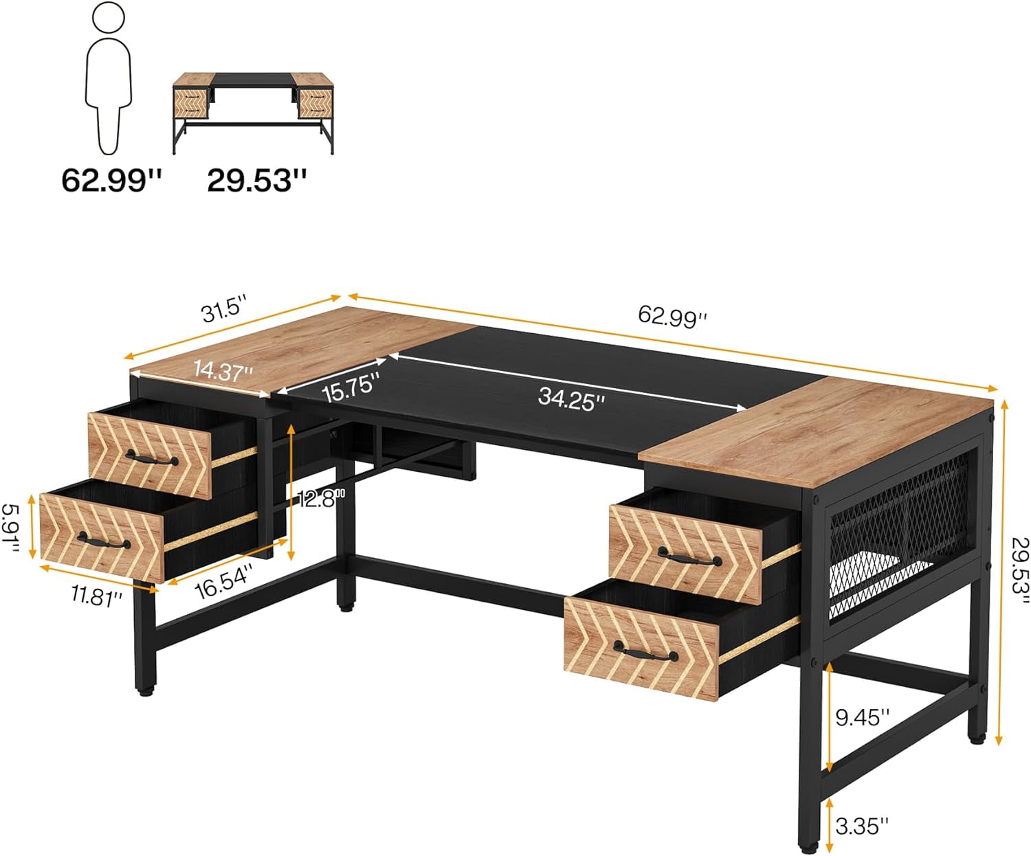 PurelyGoods  Computer Executive Desk with Drawers: 63" Computer Desk with 4 Storage Drawers, Wood Farmhouse Study Writing Table, Herringbone Business Furniture for Home Office