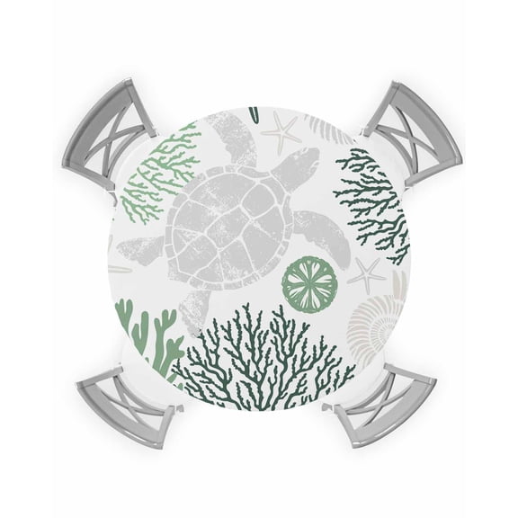 nqOlkjepod Green Grey Coastal Turtle Round Tablecloth, Fitted Table Cover with Elastic for 36"-44" Round Tables, Ocean Coral Nautical Table Cloth Outdoor Indoor Dinning Party Waterproof Tablecloths